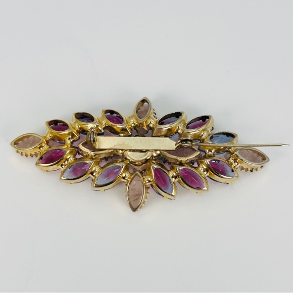 Vintage 1950s Brooch & Clip Earrings Set Amethyst & Frosted Rhinestone Marquise - Picture 6 of 15